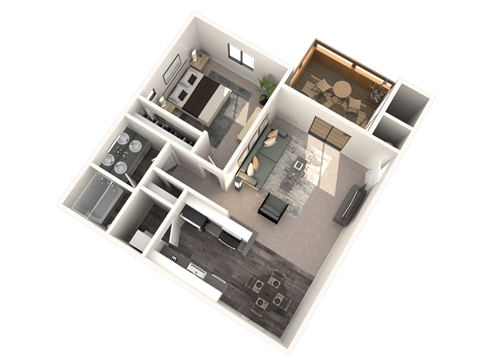 A 3D floor plan of a house showing a kitchen, living room, and one bedrooms.